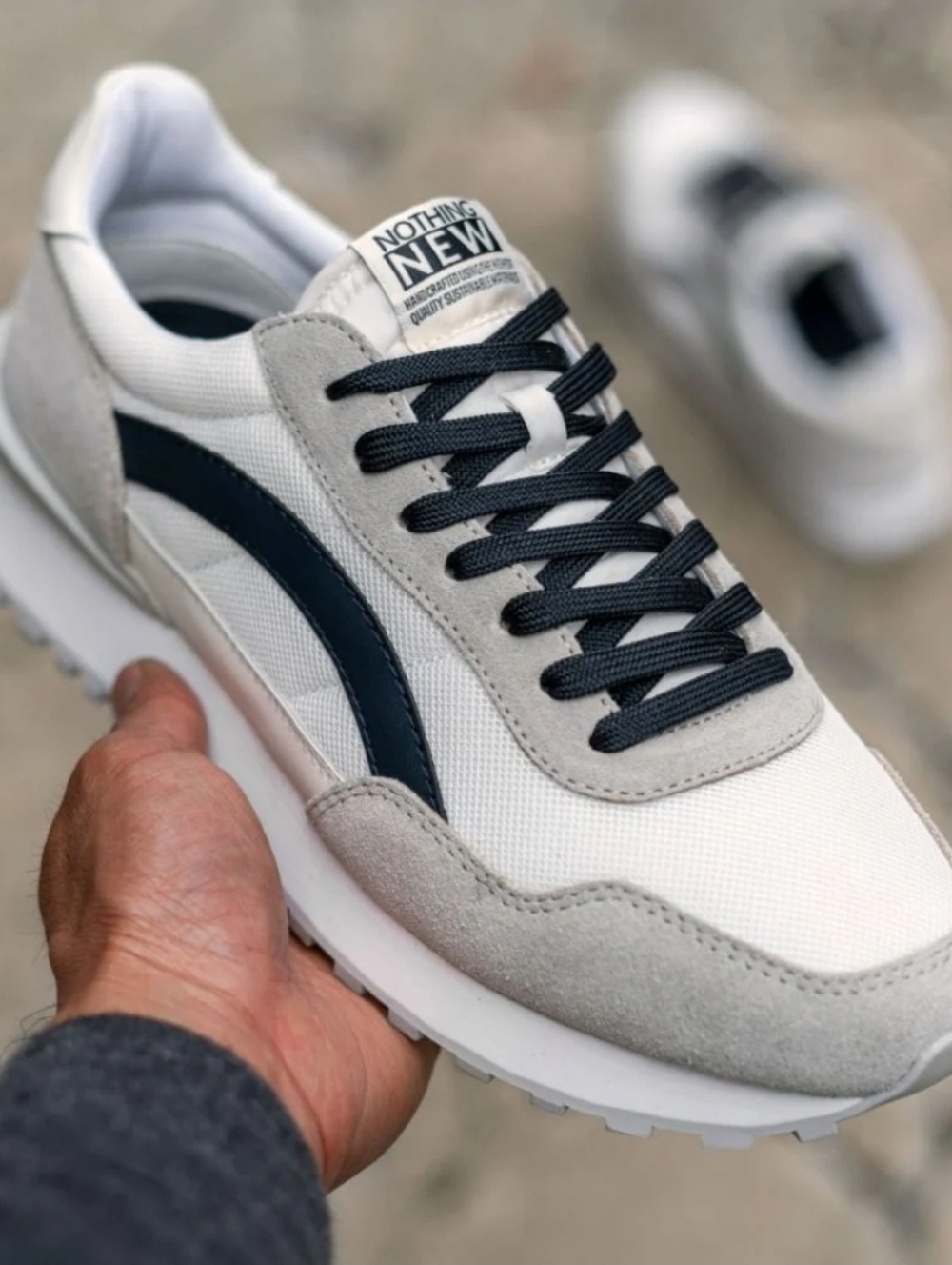 Nothing New Men Verge White & Gray Retro Runner Sneakers with Navy Accent Size 7